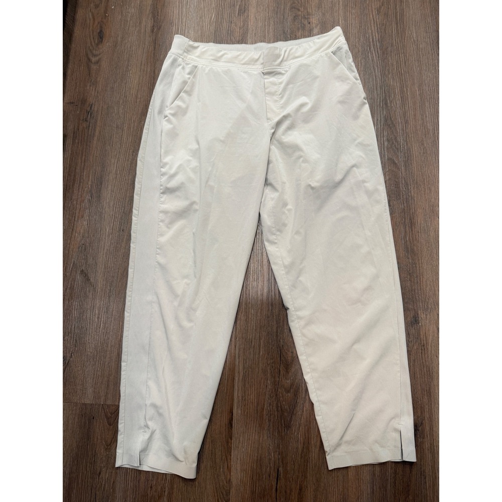 Athleta Beige Ribbed Waistband Ankle Pants Womens Size‎ 14 Straight Leg Slit Hem